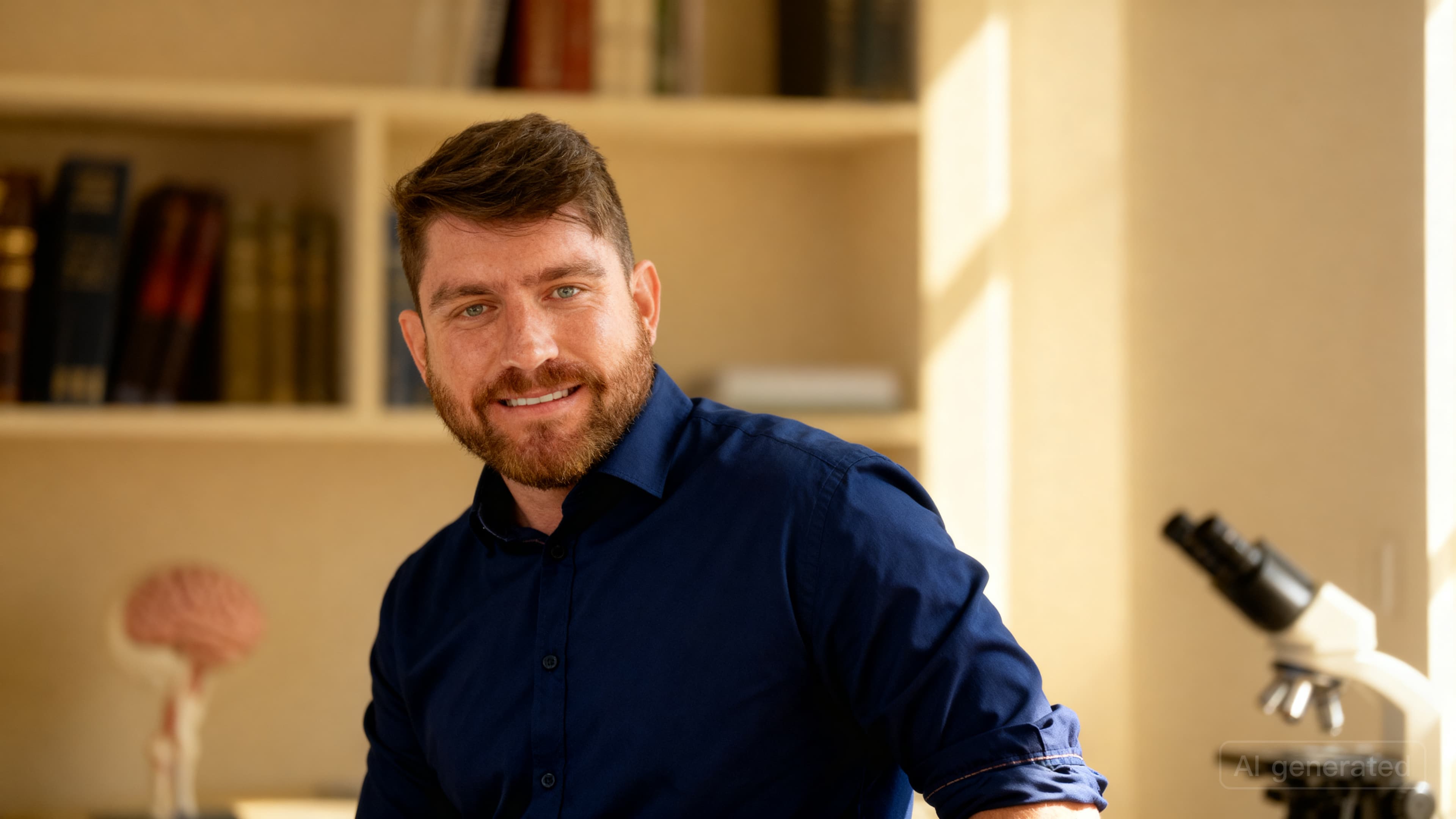 Homem barbudo sorridente de camisa azul em escritório com estante de livros e microscópio.