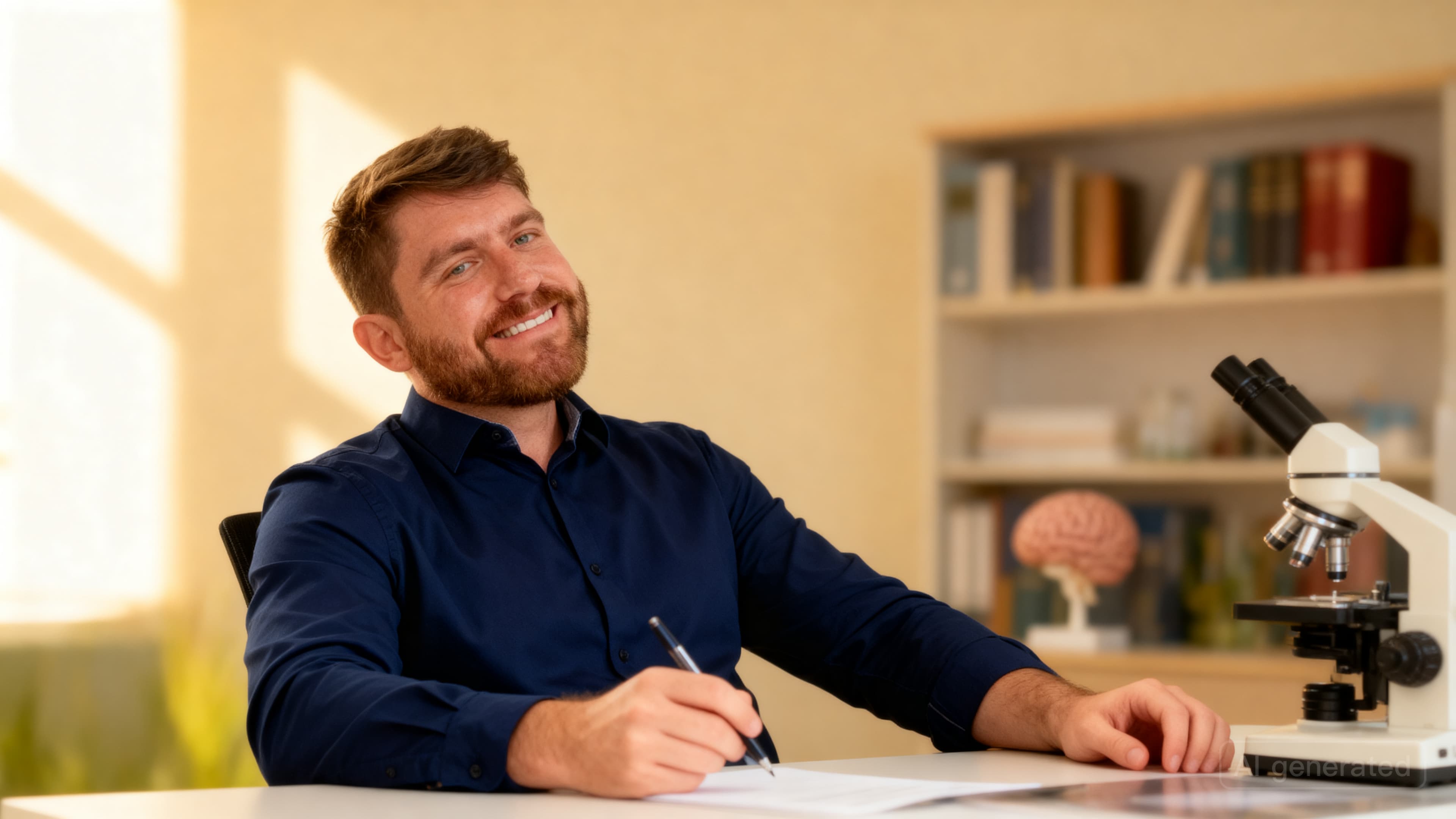 Homem barbudo sorridente sentado à mesa com microscópio, escrevendo em um papel no laboratório.