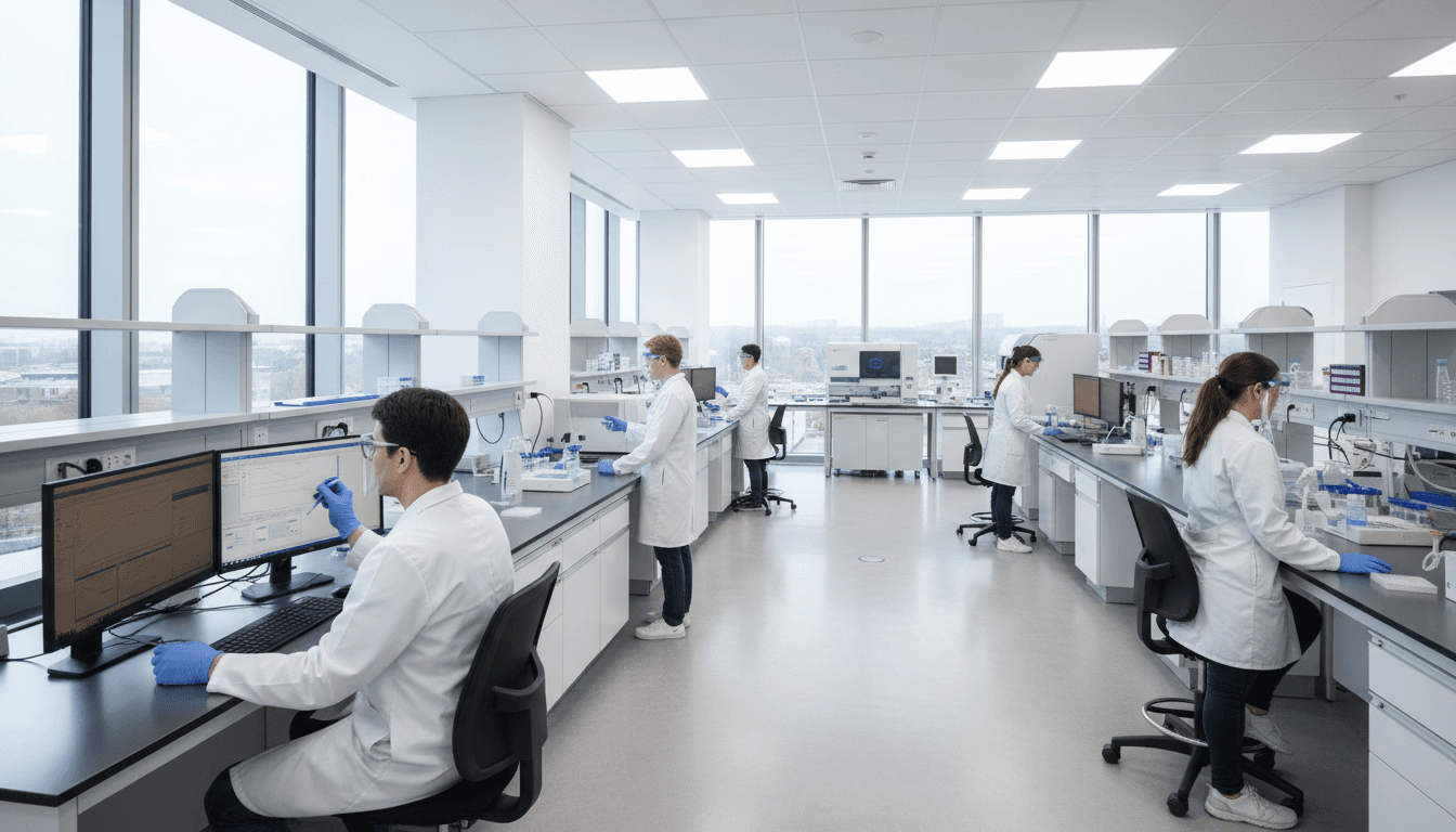 Médico em jaleco branco com microscópio e modelo de cérebro no consultório