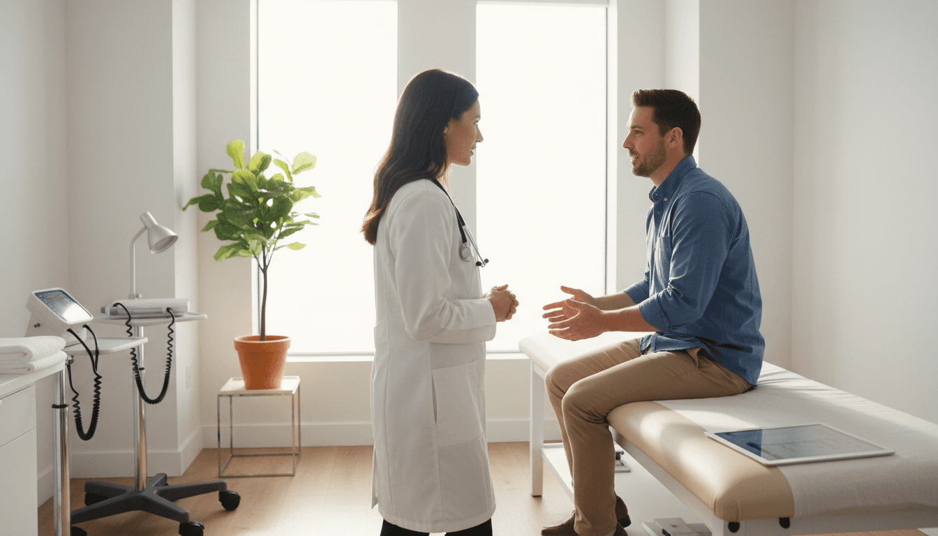 Médico em avental branco atendendo paciente em consultório moderno e iluminado