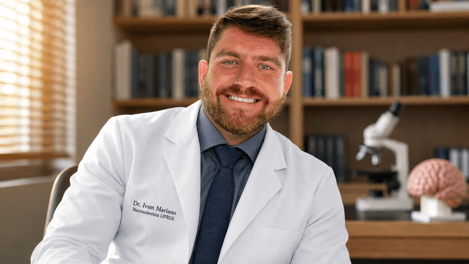 Dr. Ivam Mariano, neurocientista sorridente em jaleco, com microscópio e modelo de cérebro ao fundo.