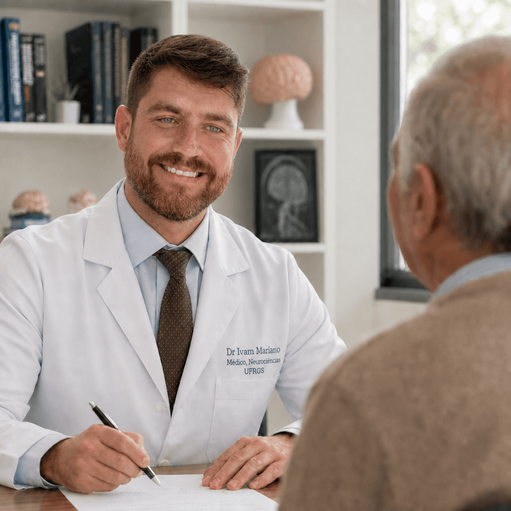 Médico sorridente de jaleco branco escrevendo durante consulta com paciente idoso em seu consultório.